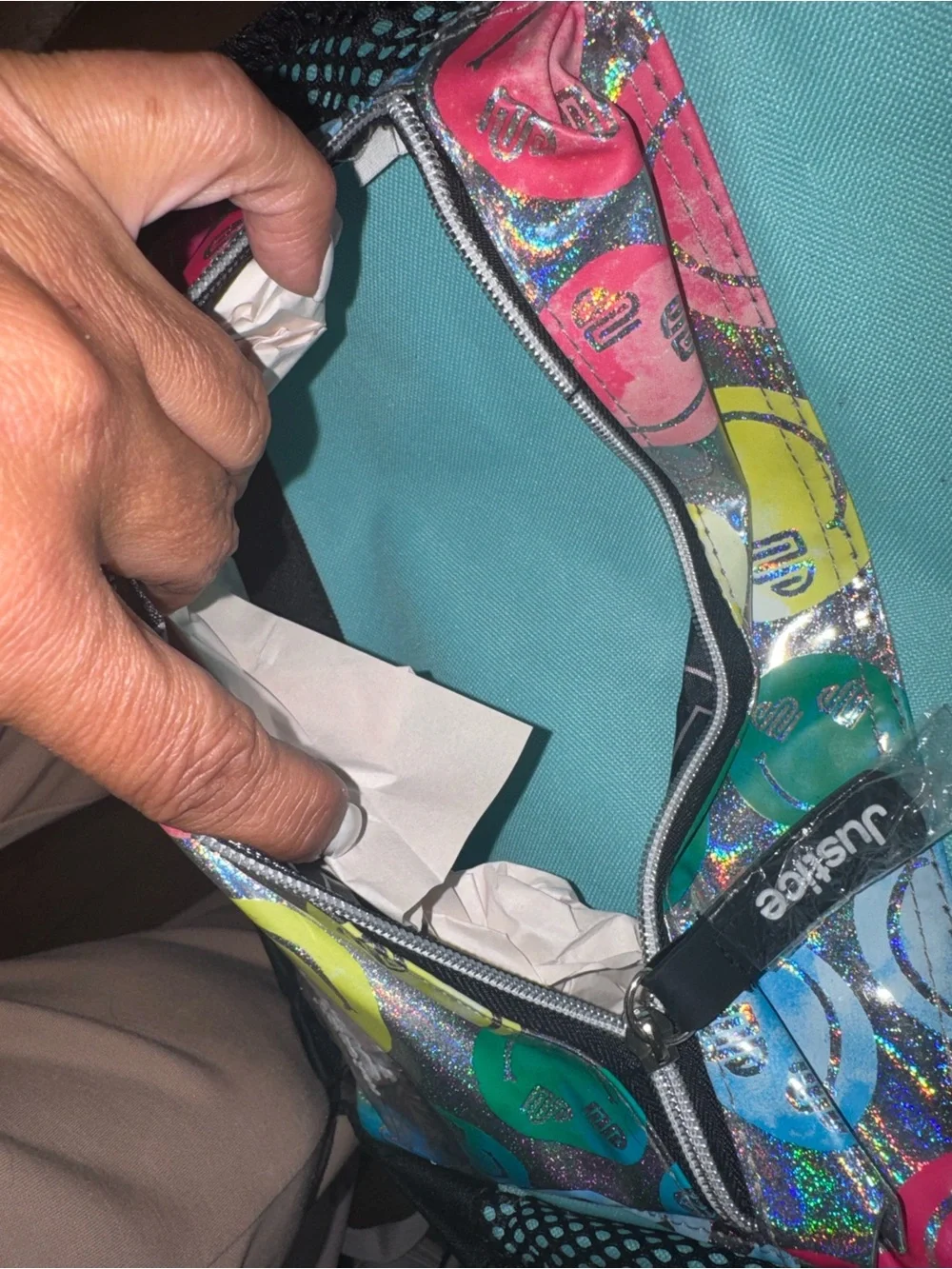 Justice Teal Multicolor Smiley Daisy Holographic Backpack